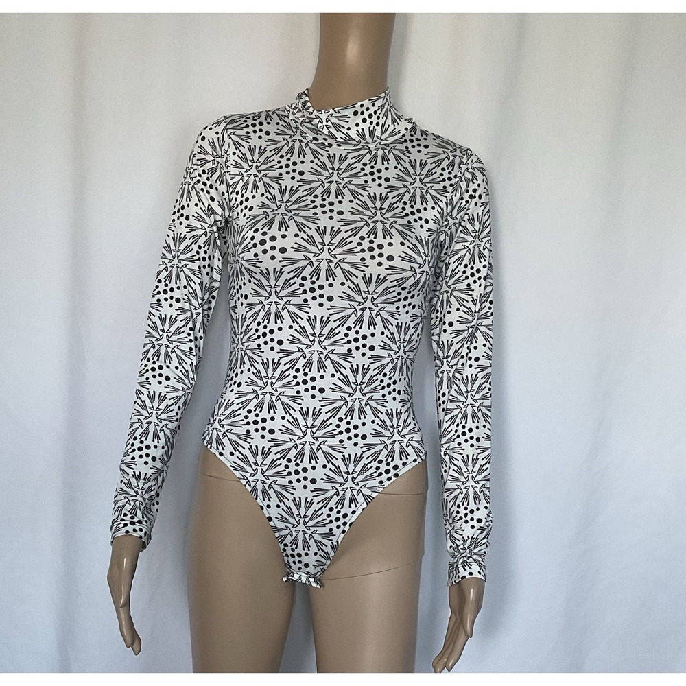 Lazofy Womens bodysuit White Black. High Neck‎ Size S